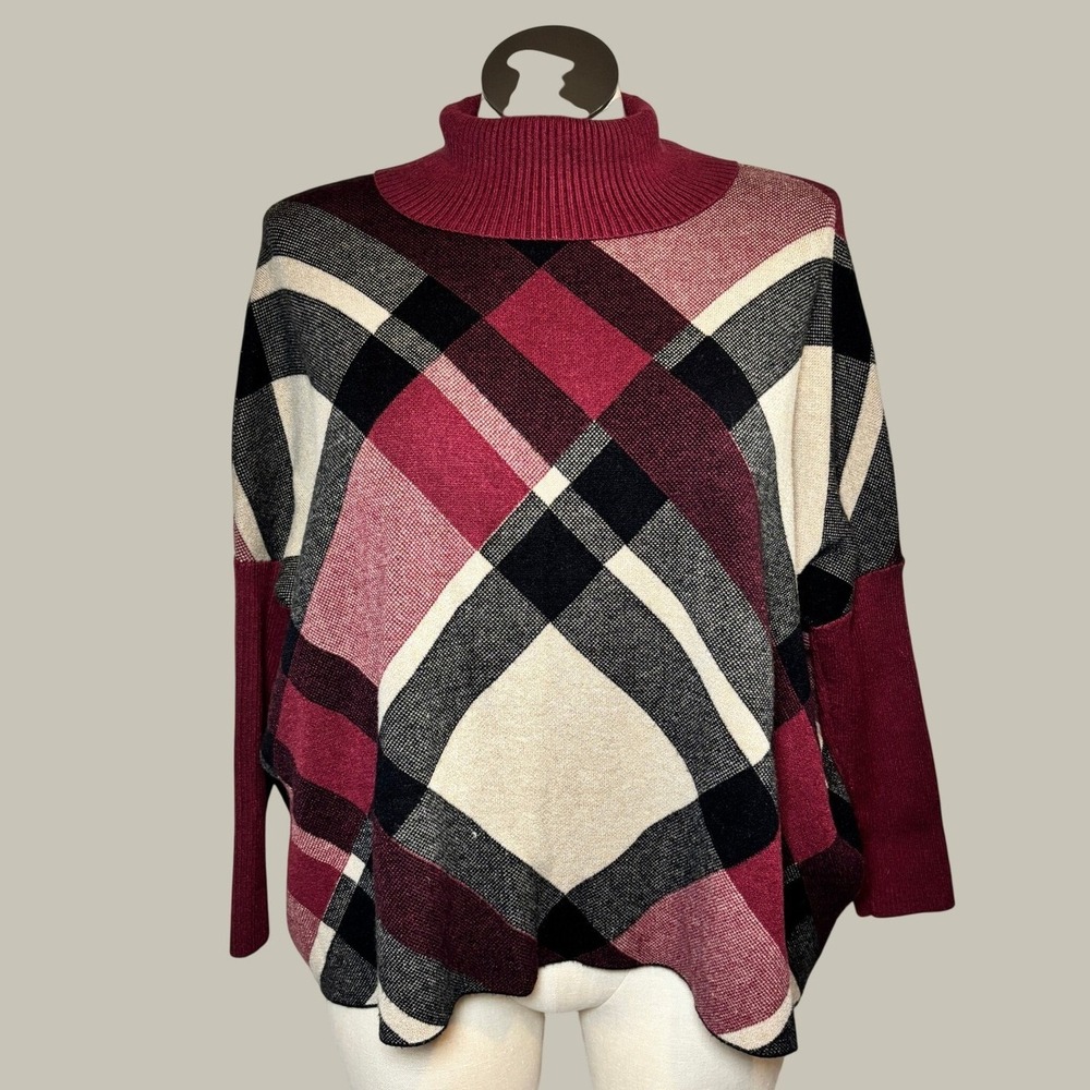 Women Sweater Lrg Burgundy Plaid Turtleneck Poncho Dark Academia Preppy Layering
